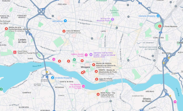 Google Maps view of Porto with 12 red markers pinpointing the best museums in Porto, visually outlining their locations and guiding cultural explorers through the city's top museum destinations.